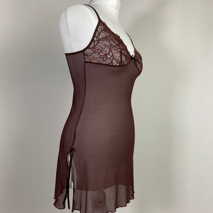 00s Brown Lace Lingerie Dress - Size S