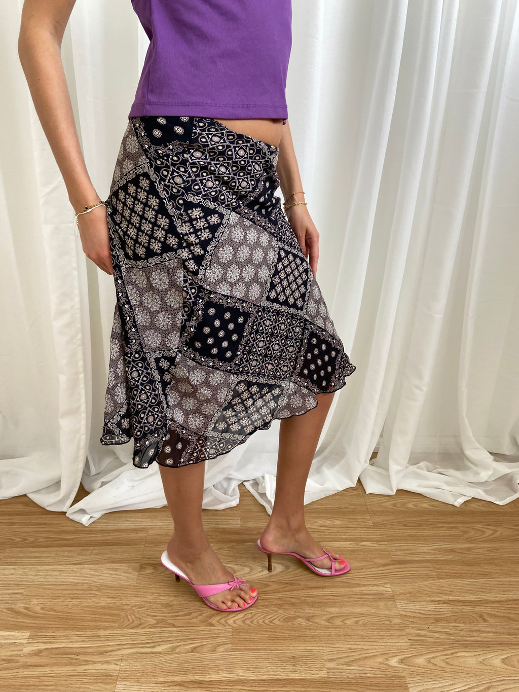 Vintage 00s Patterned Midi Skirt - Size UK 8 - Funky Cat