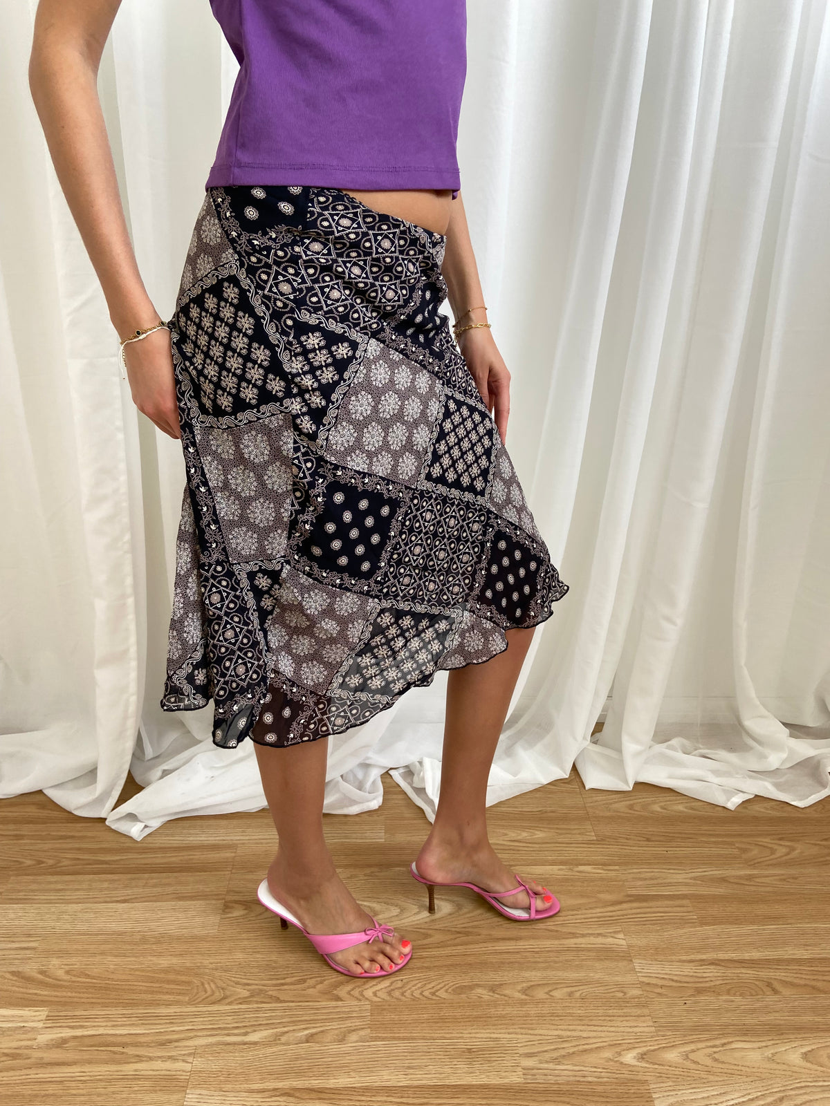 Vintage 00s Patterned Midi Skirt - Size UK 8 - Funky Cat