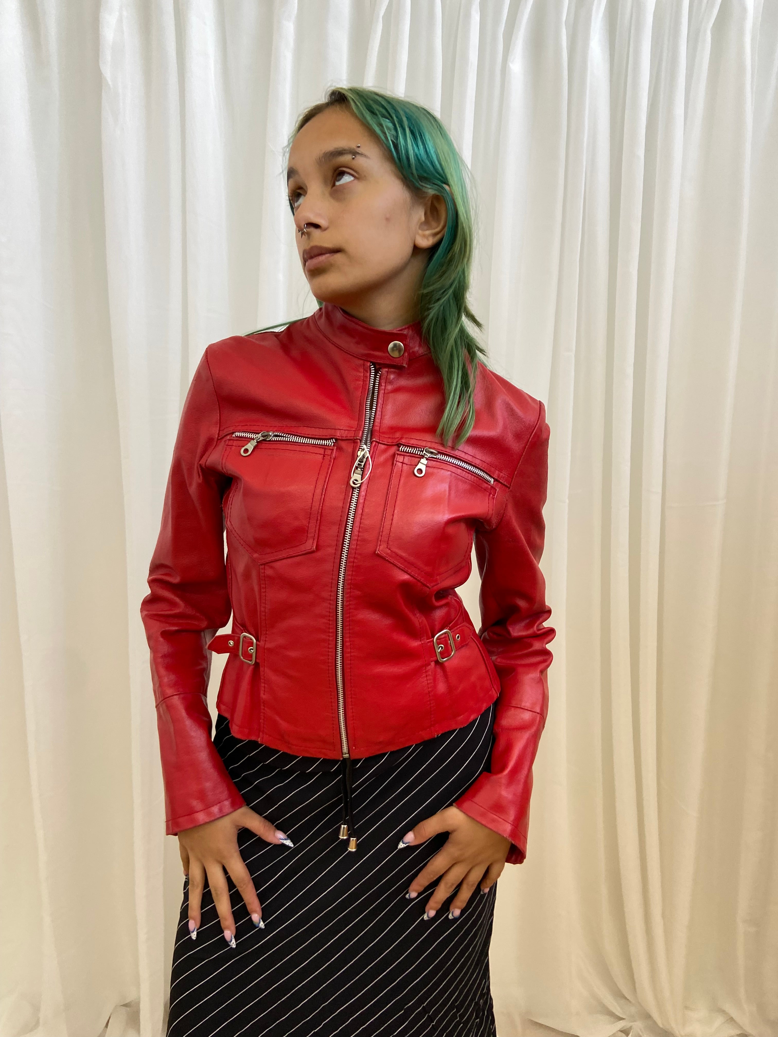 Vintage 00s Red Leather Buckle Jacket - Size XS