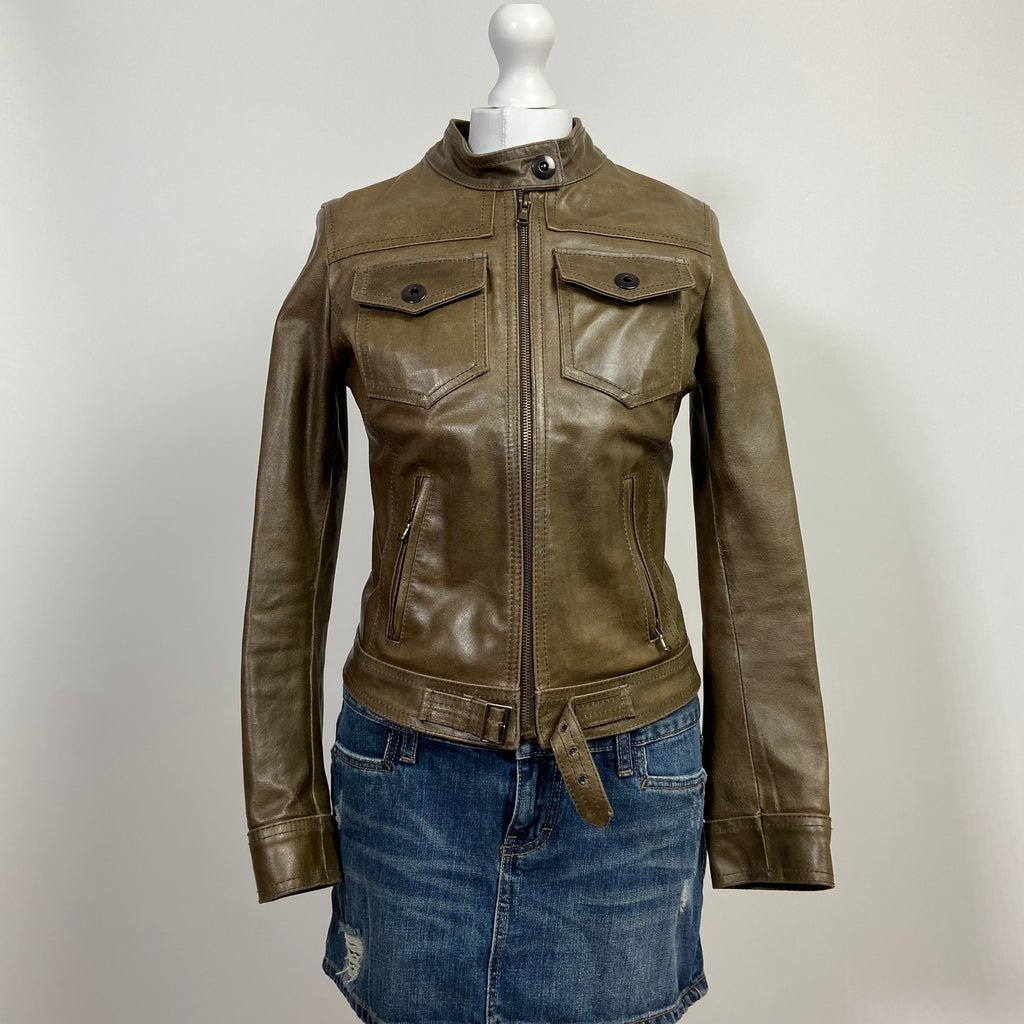 00s Khaki Leather Racer Jacket - Size XS - Funky Cat