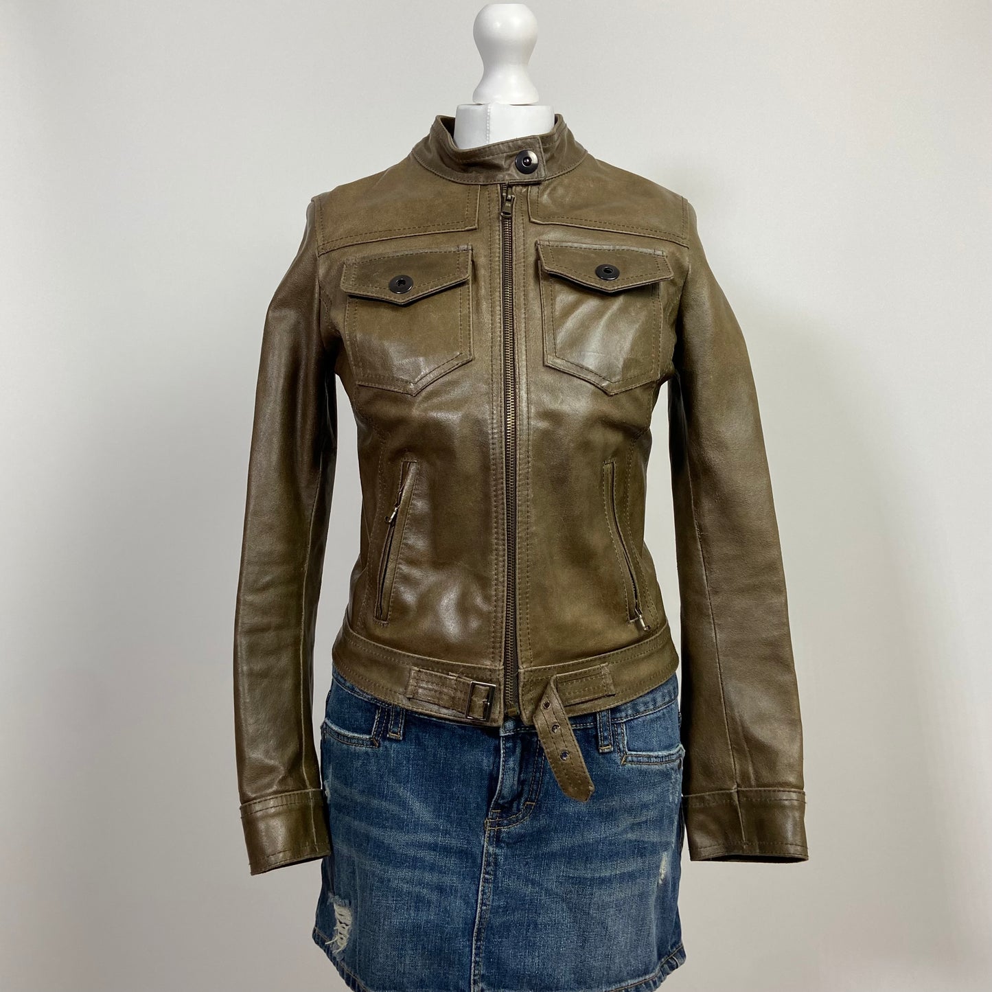 00s Khaki Leather Racer Jacket - Size XS