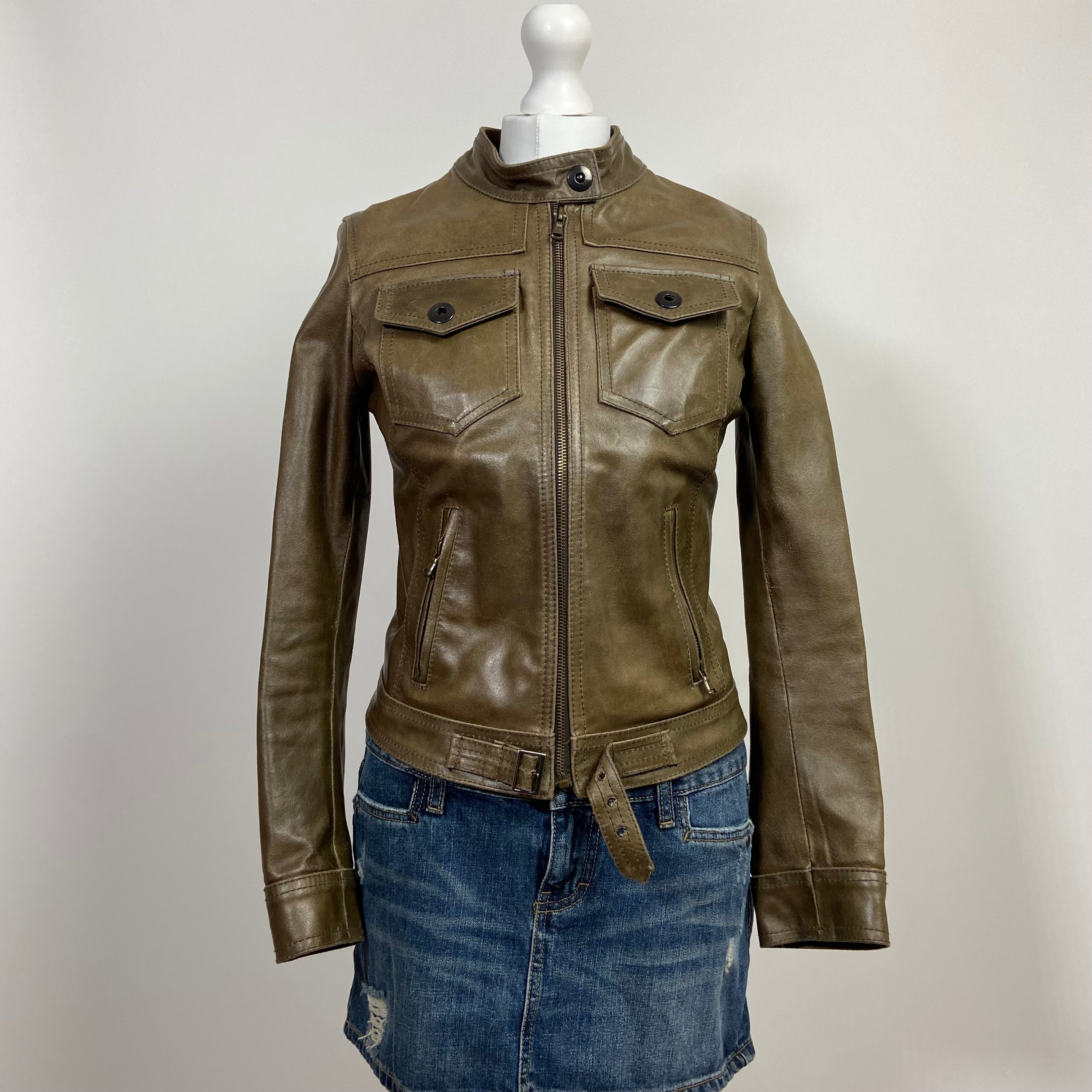 00s Khaki Leather Racer Jacket - Size XS - Funky Cat