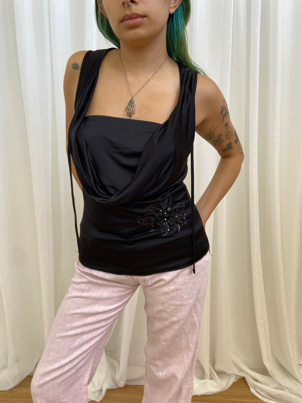 Vintage 00s Black Cowl Neck Top - Size S