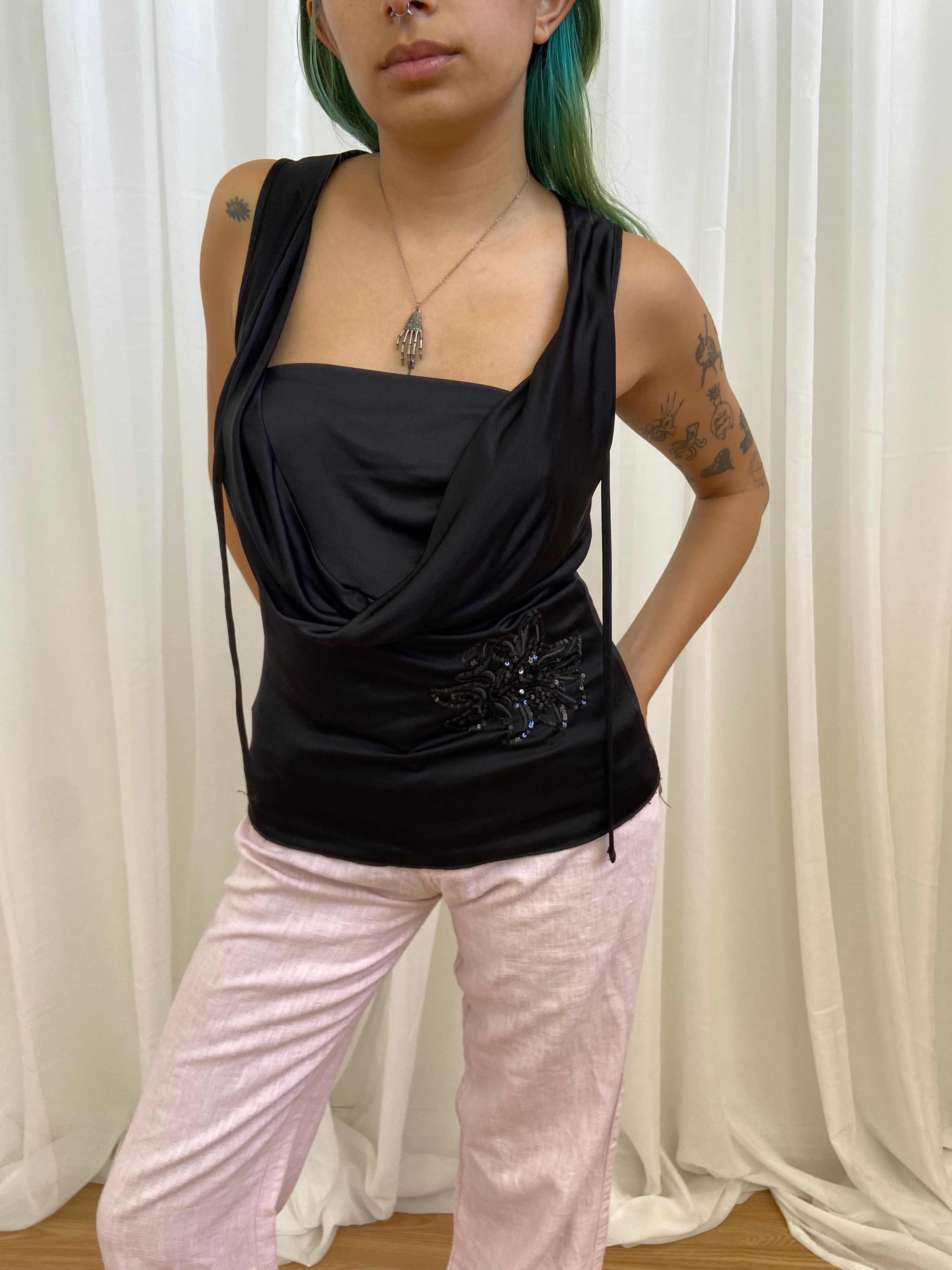 Vintage 00s Black Cowl Neck Top - Size S