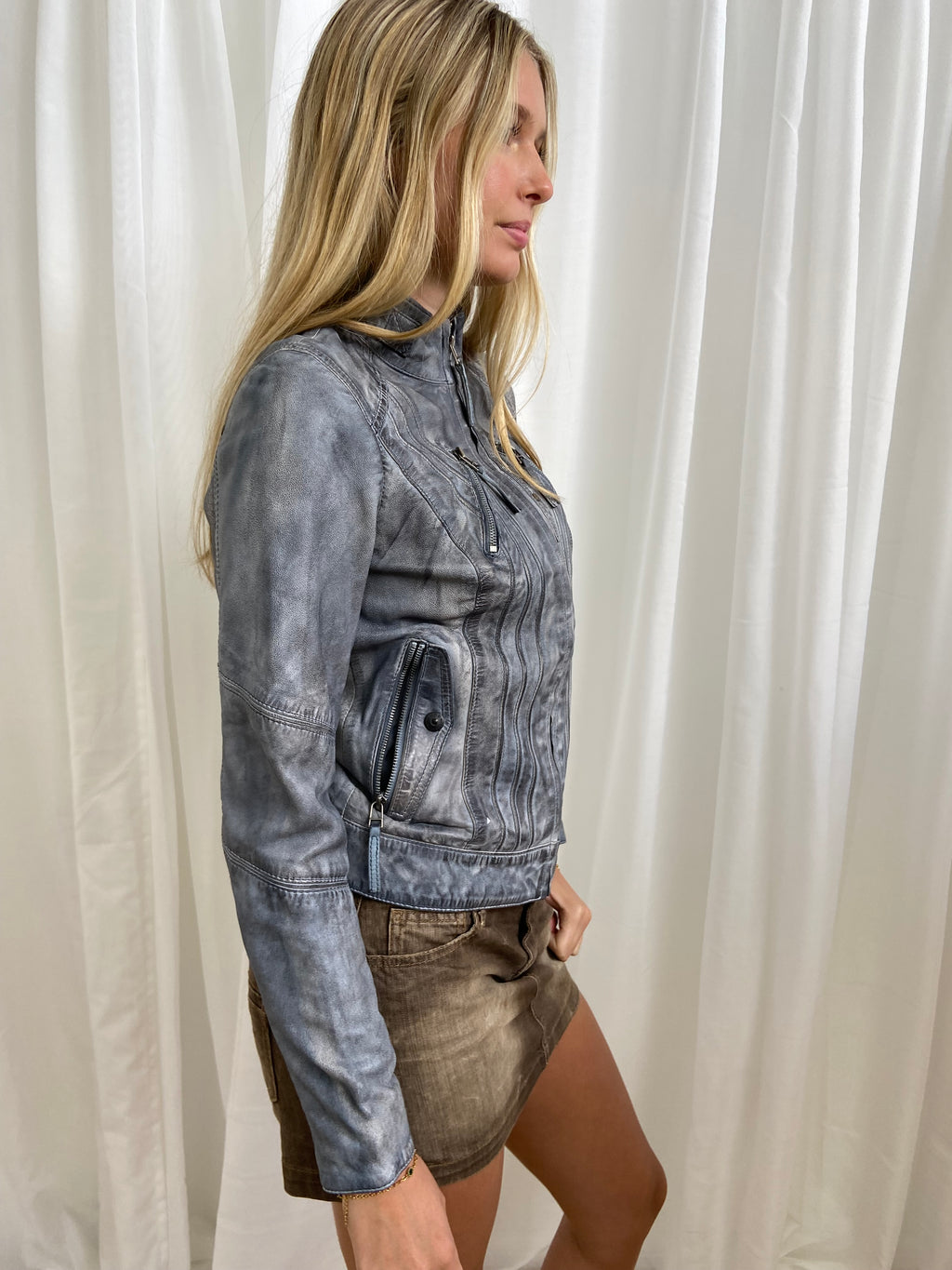 Vintage 00s Silver Leather Jacket - Size S