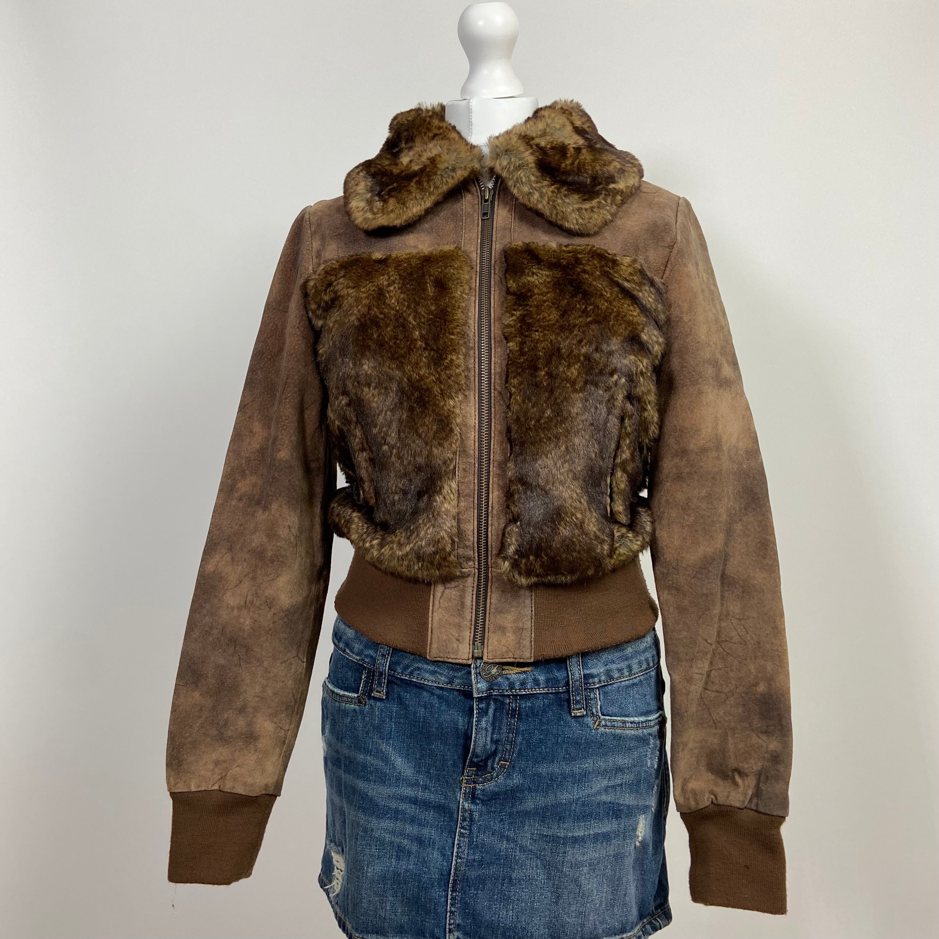 00s Faux Fur Bomber Leather Jacket - Size S - Funky Cat