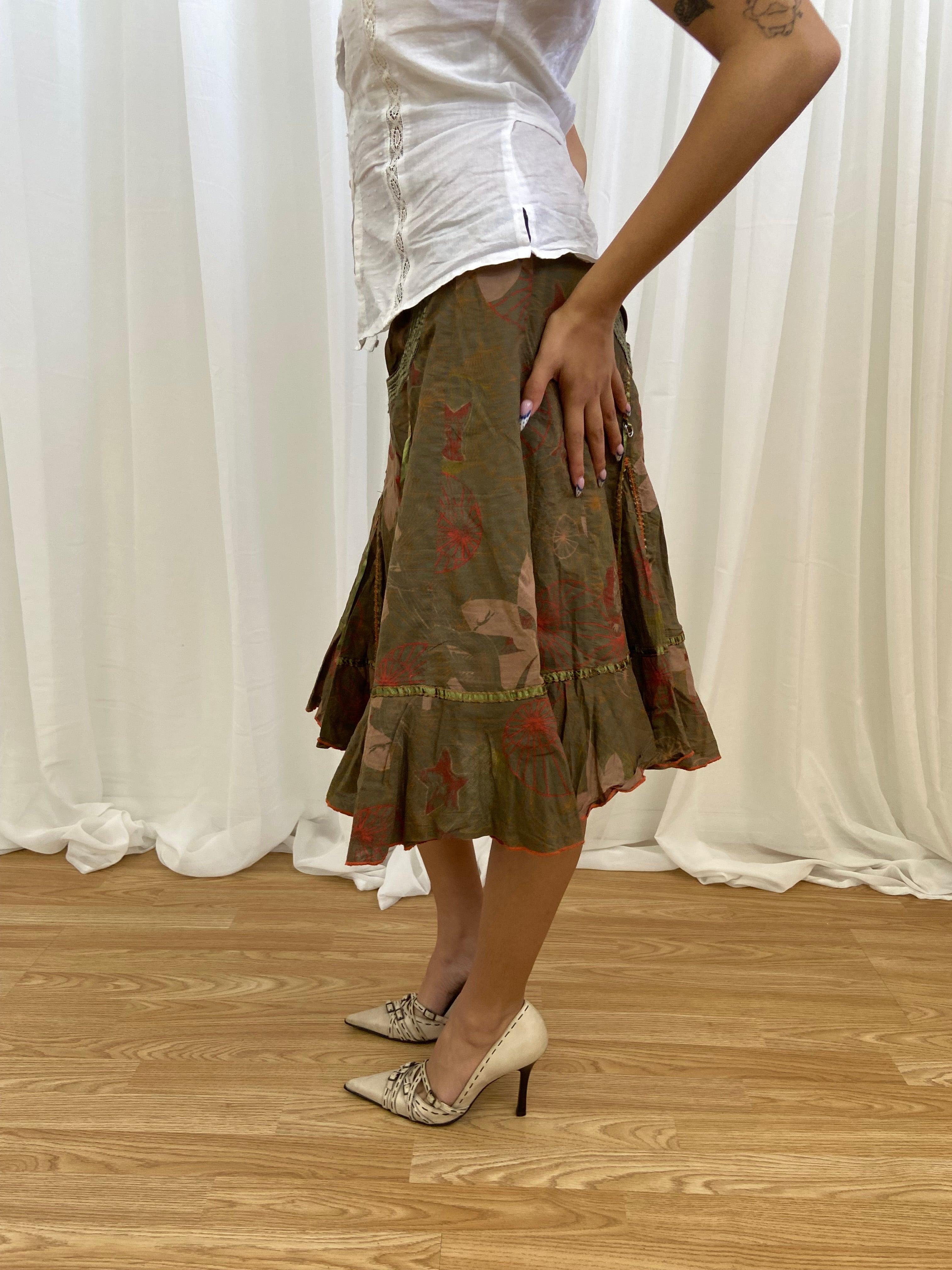 Vintage 00s Khaki Floral Skirt - Size UK 8