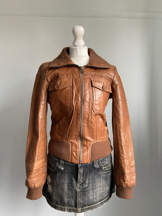 Vintage 00s Brown Leather Jacket - Size S - Funky Cat