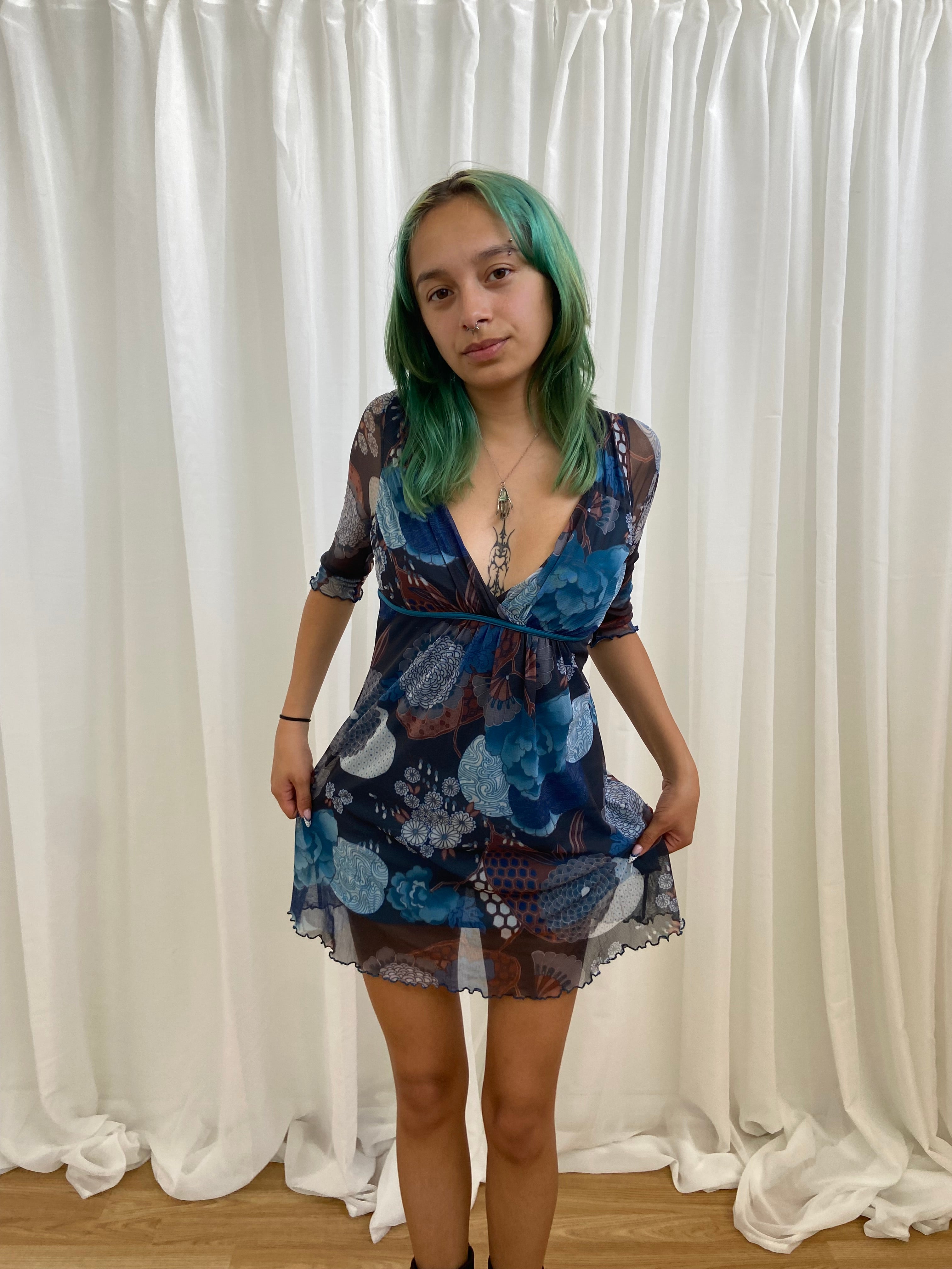 Vintage 00s Floral Mesh Dress - Size XS