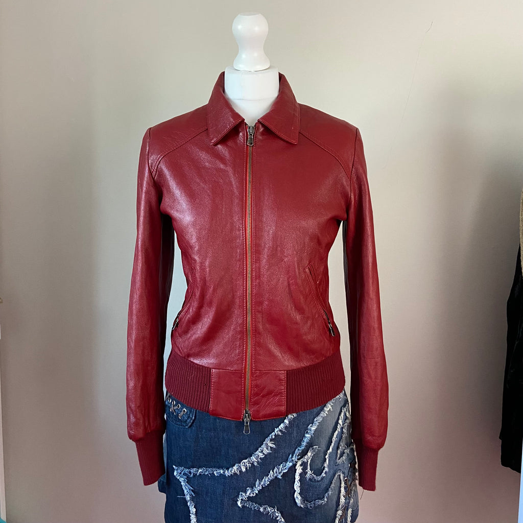 00s Burgundy Leather Jacket - Size S - Funky Cat