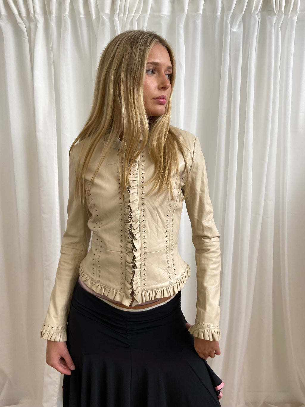Vintage 00s Ruffled Hems Leather Jacket - Size XS