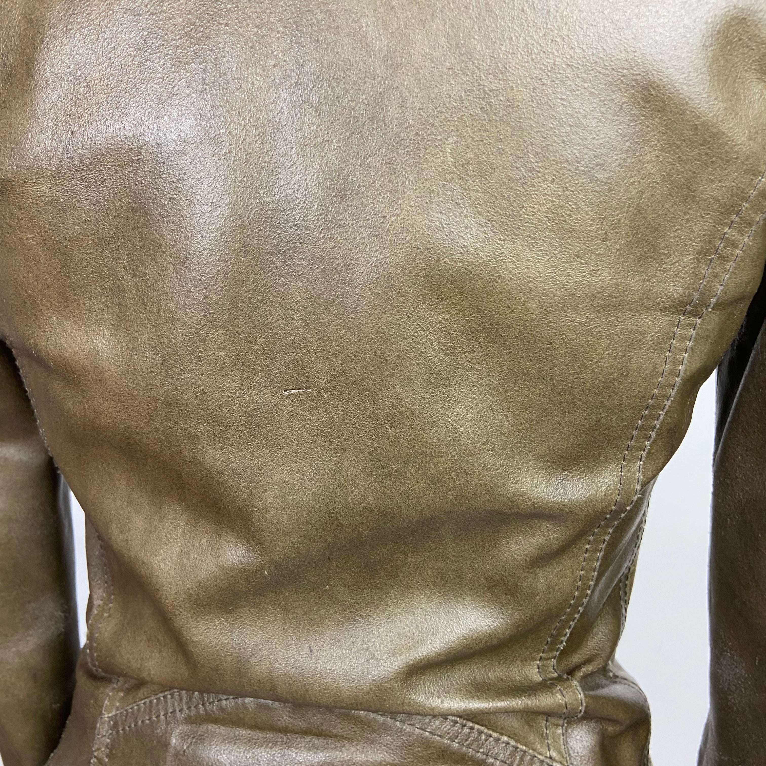00s Khaki Leather Racer Jacket - Size XS - Funky Cat