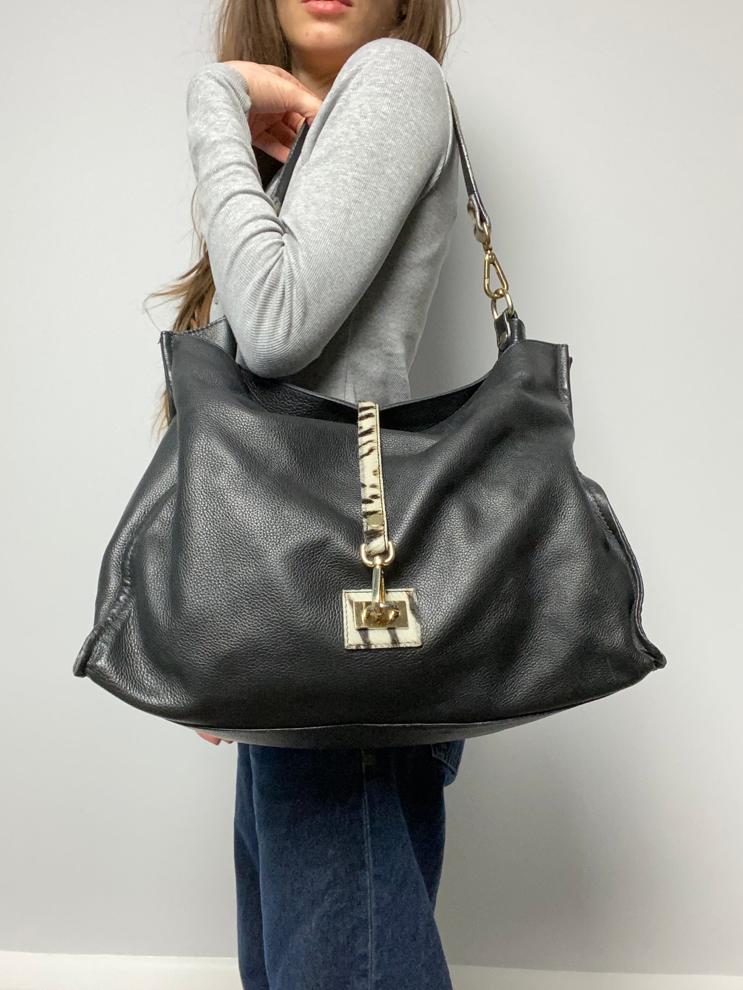 Vintage 00s Slouchy Leather Pony Hair Bag - Funky Cat