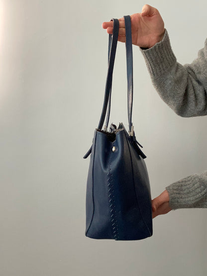 Vintage 00s Blue Leather Tote Bag - Funky Cat