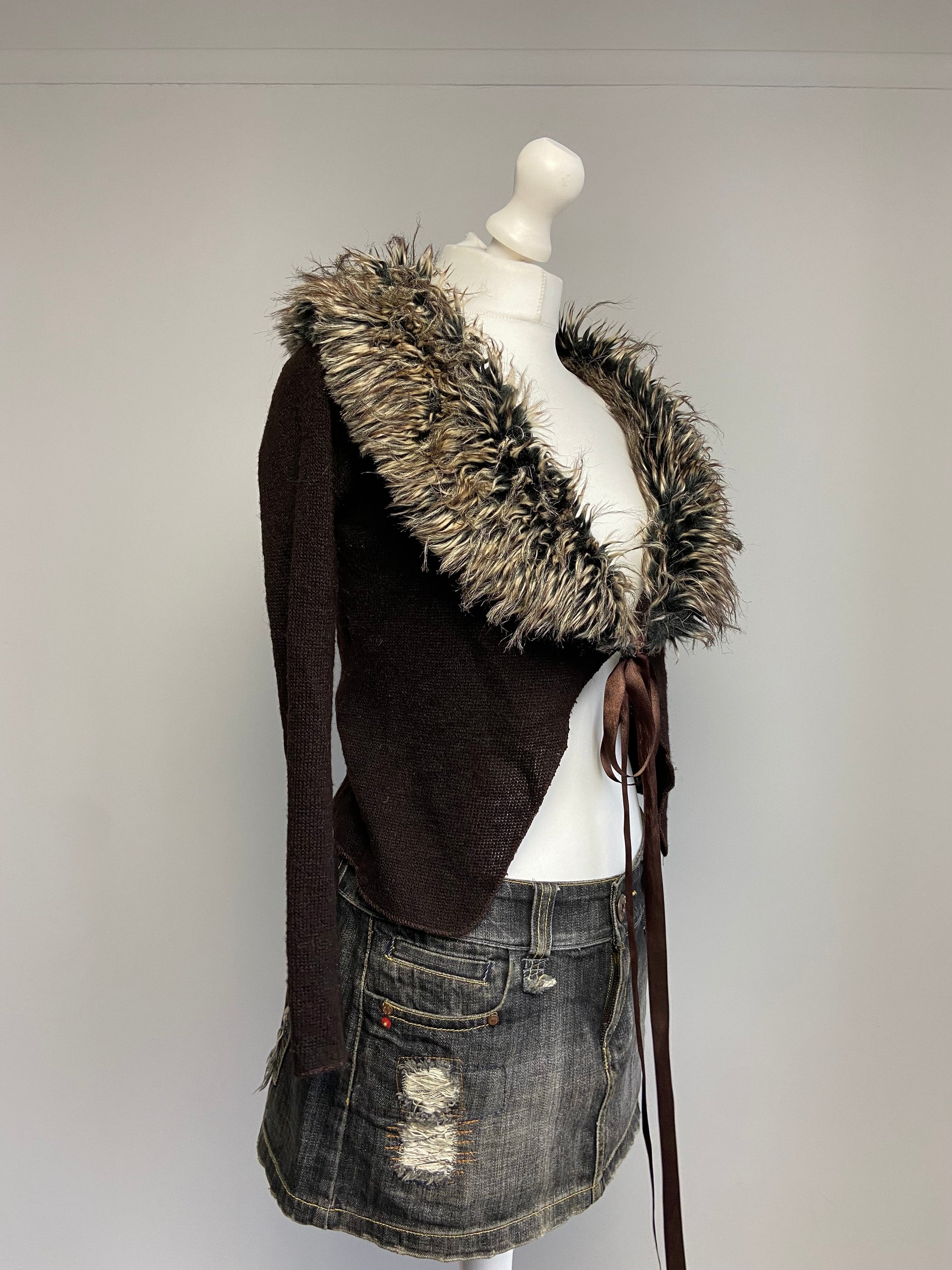 Vintage 00s Fur Trim Tie Cardigan - Size S/M - Funky Cat