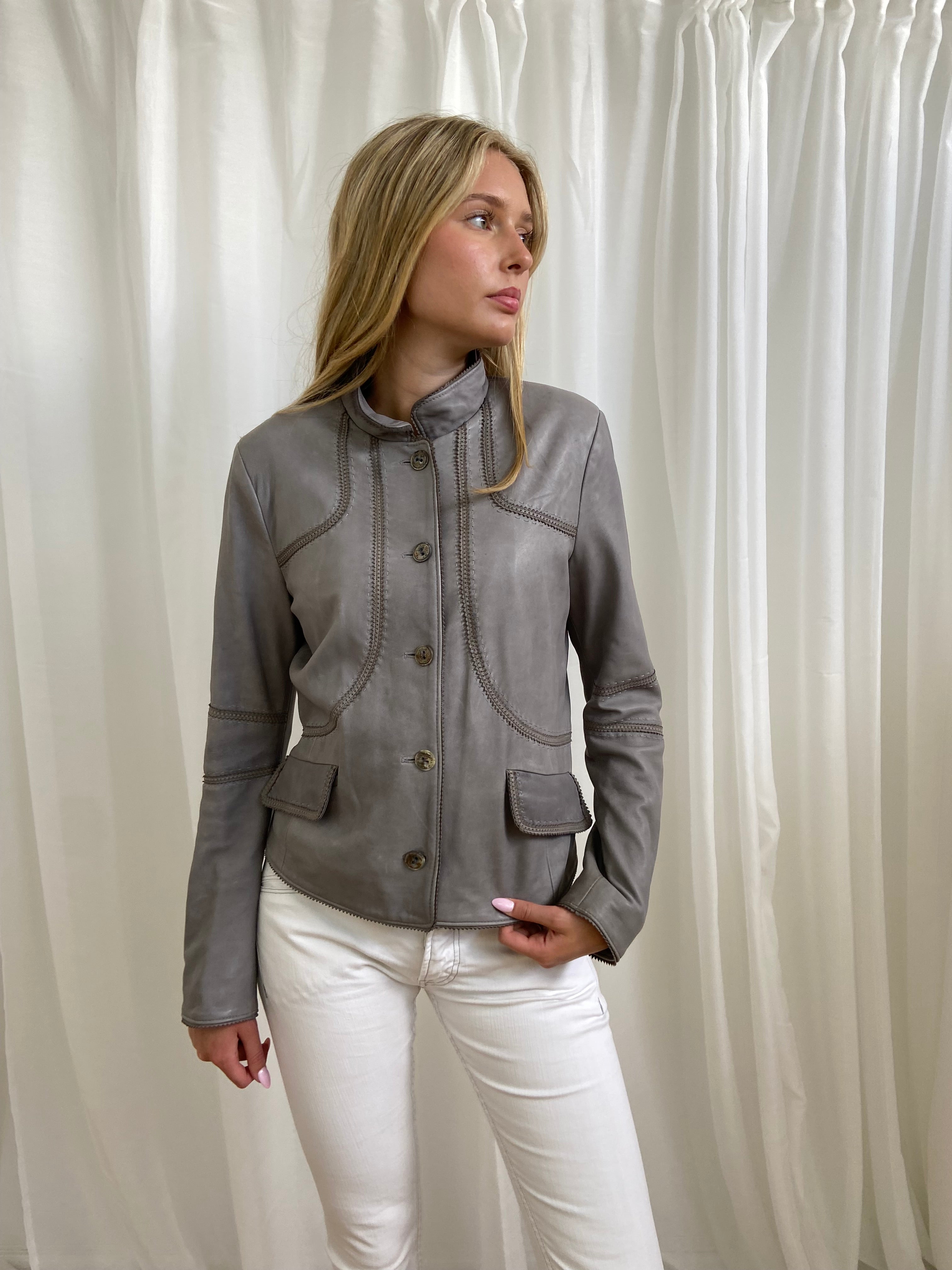 Vintage 00s Grey Leather Jacket - Size L - Funky Cat