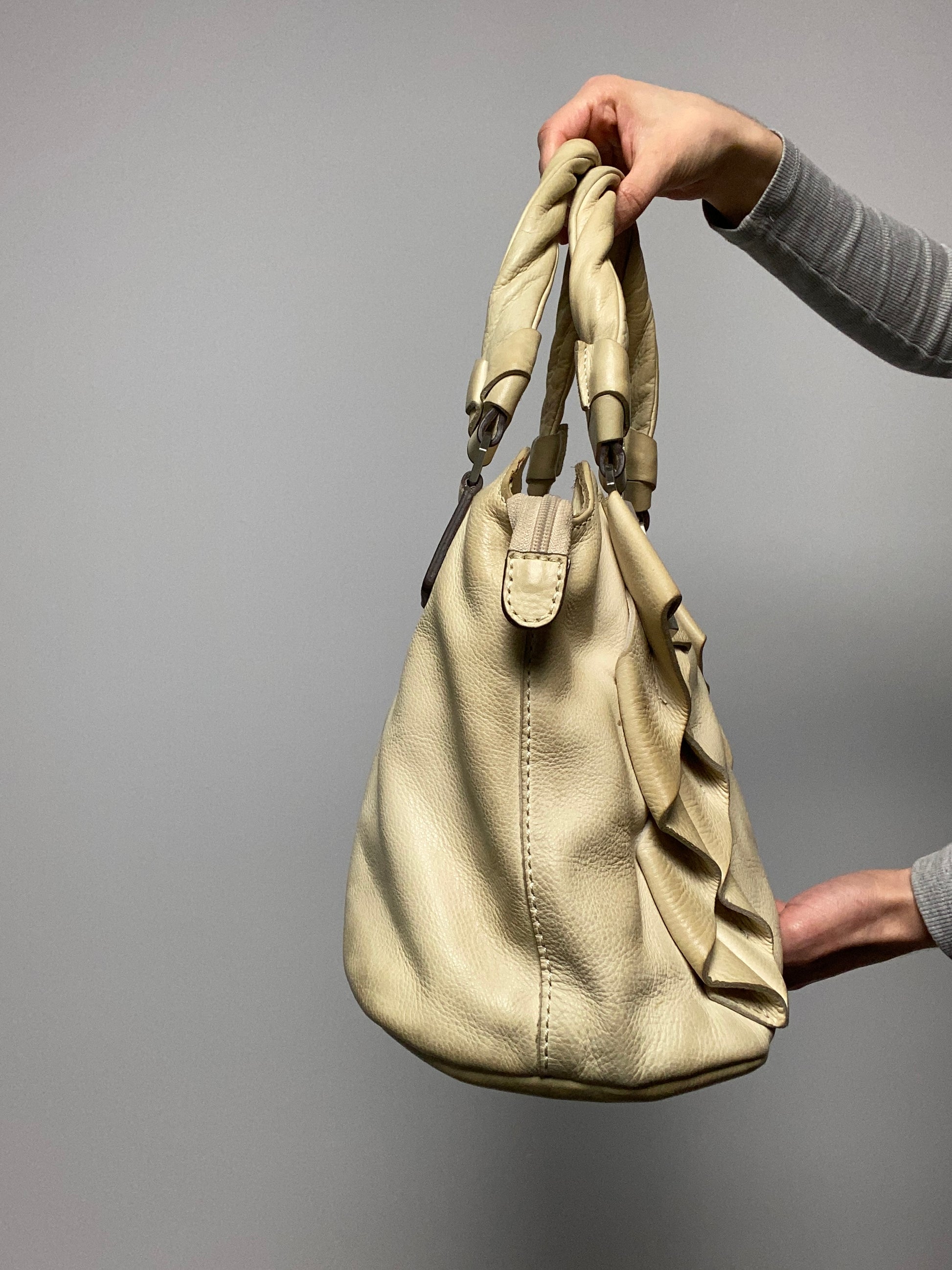 Vintage 00s Leather Ruffle Shoulder Bag - Funky Cat