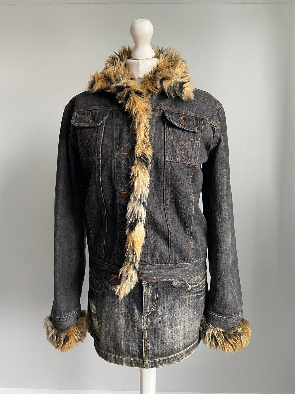 Vintage 00s Faux Fur Denim Jacket - Size M/L - Funky Cat
