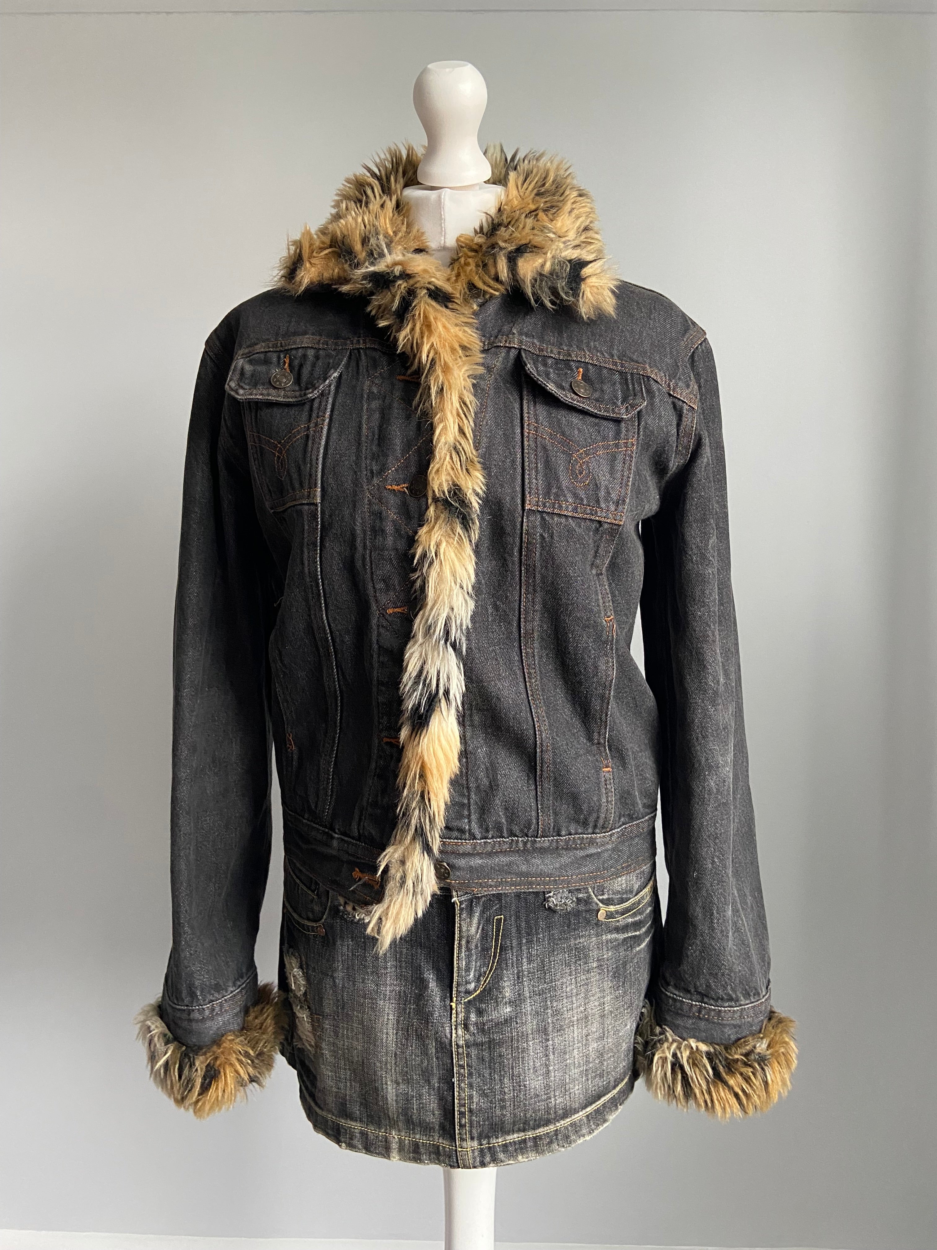 Vintage 00s Faux Fur Denim Jacket - Size M/L - Funky Cat