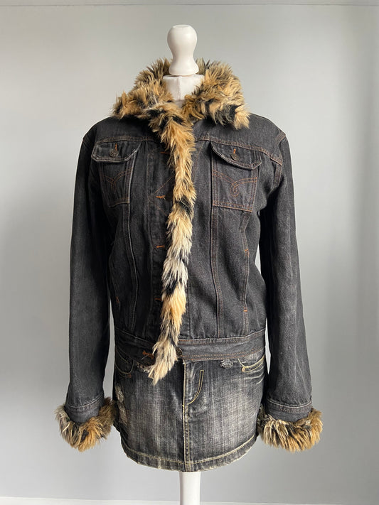 Vintage 00s Faux Fur Denim Jacket - Size M/L - Funky Cat