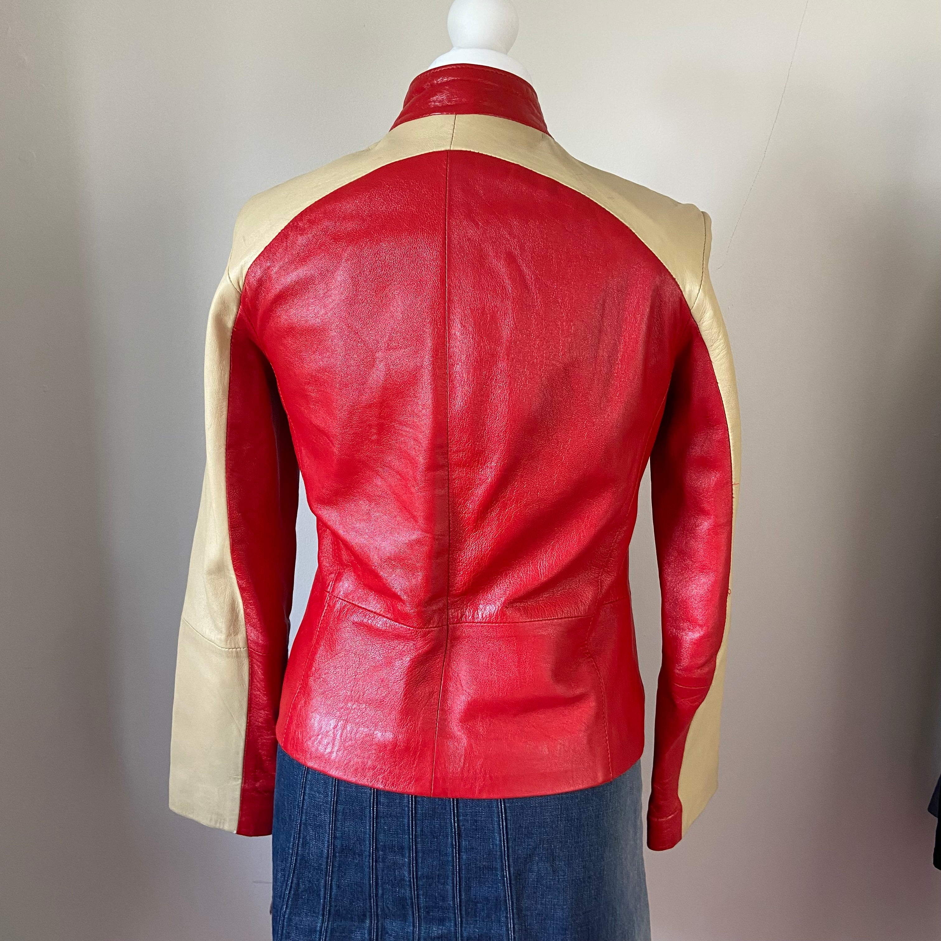 00s Red & Beige Leather Racer Motorcycle Jacket - Size S - Funky Cat