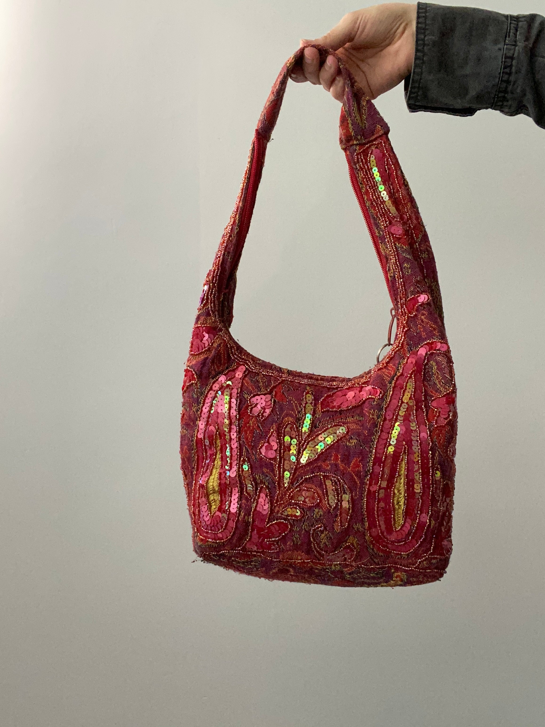 Vintage 00s Sequin Beaded Slouchy Shoulder Bag - Funky Cat