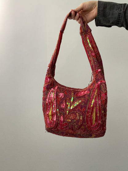 Vintage 00s Sequin Beaded Slouchy Shoulder Bag - Funky Cat