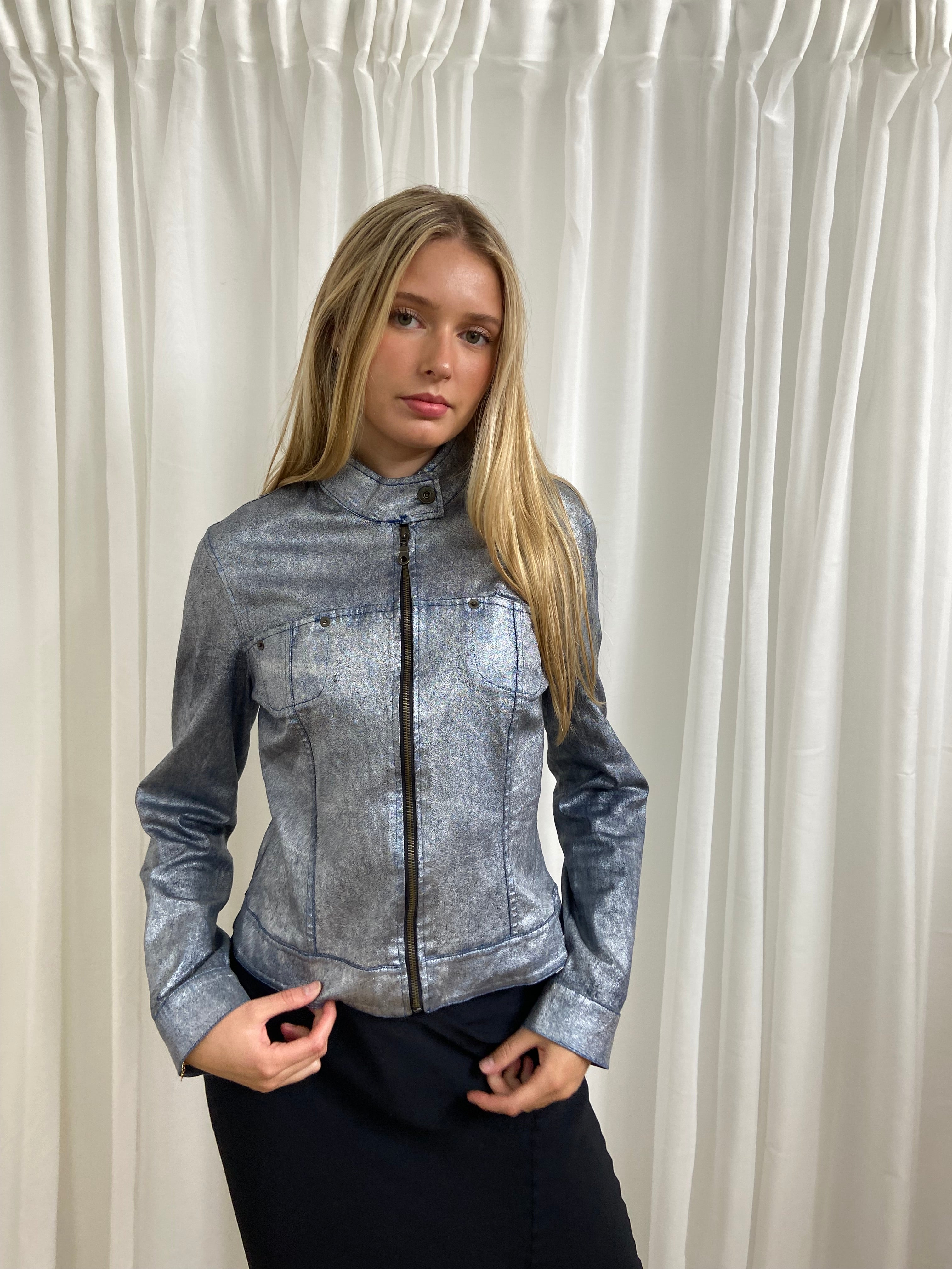 Vintage 00s Zip Up Racer Denim Jacket - Size S