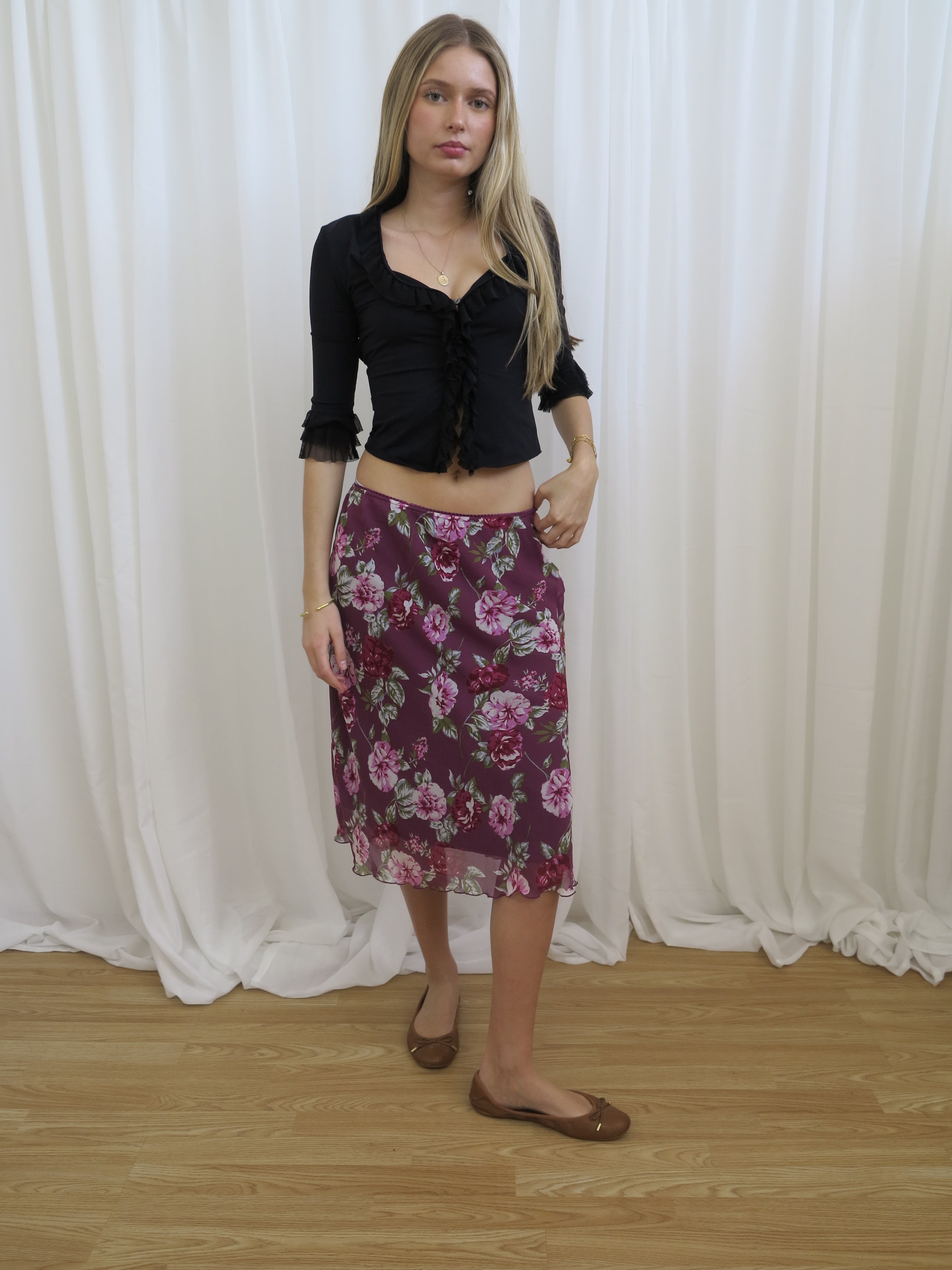 Vintage 00s Purple Floral Mesh Skirt - Size 10-14 - Funky Cat