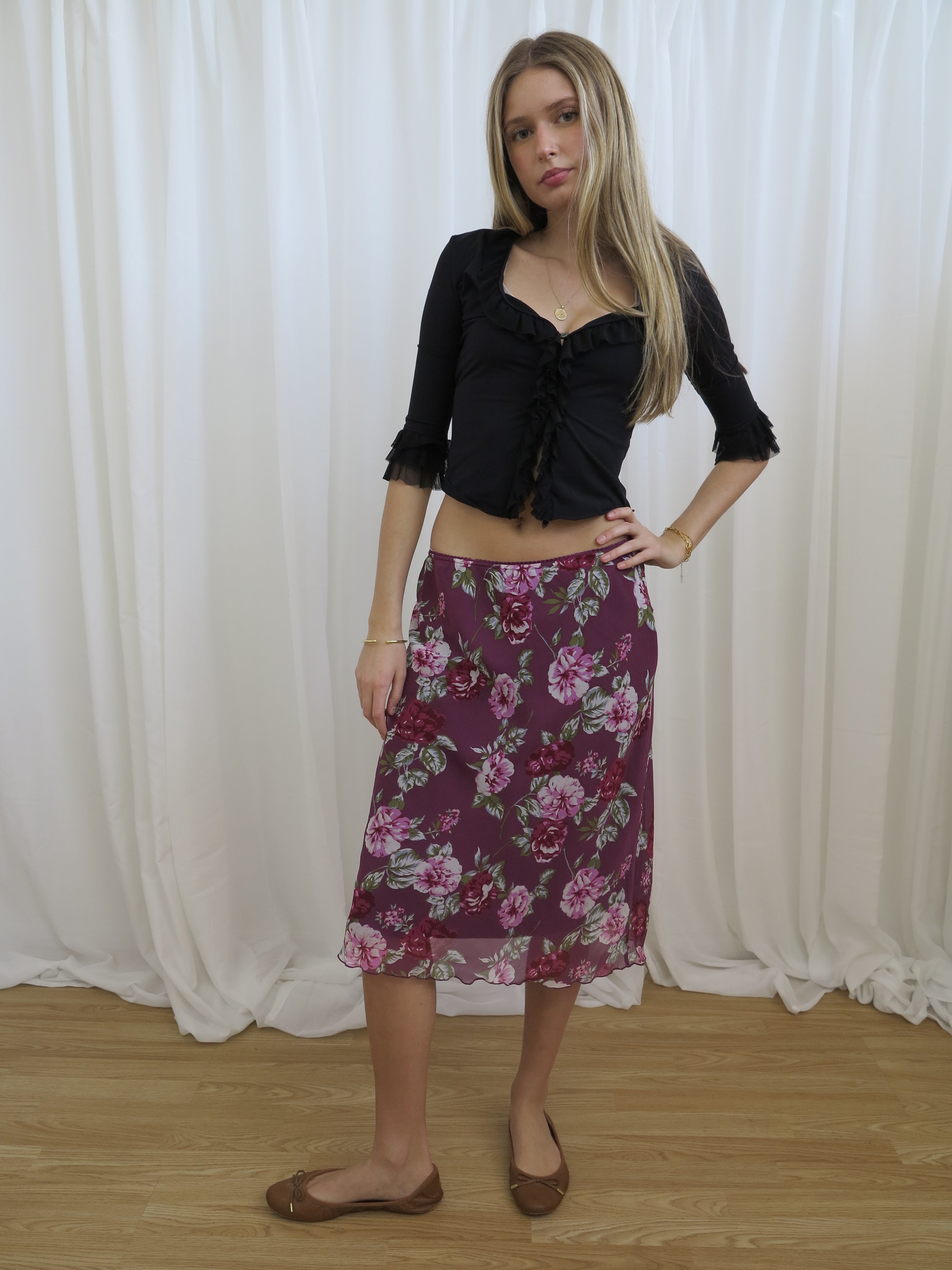 Vintage 00s Purple Floral Mesh Skirt - Size 10-14 - Funky Cat