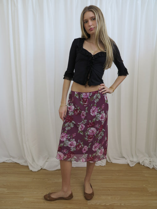 Vintage 00s Purple Floral Mesh Skirt - Size 10-14