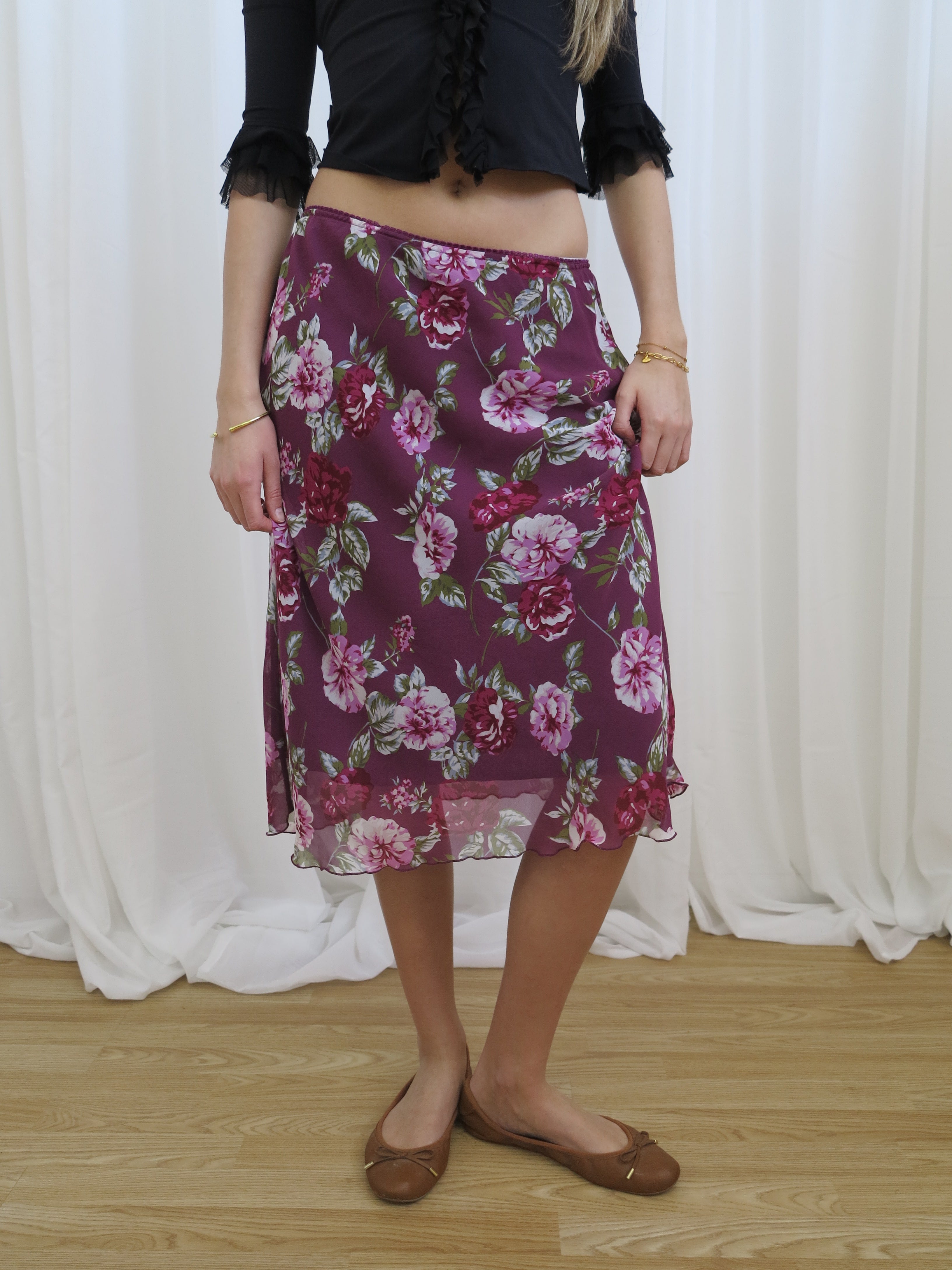 Vintage 00s Purple Floral Mesh Skirt - Size 10-14 - Funky Cat