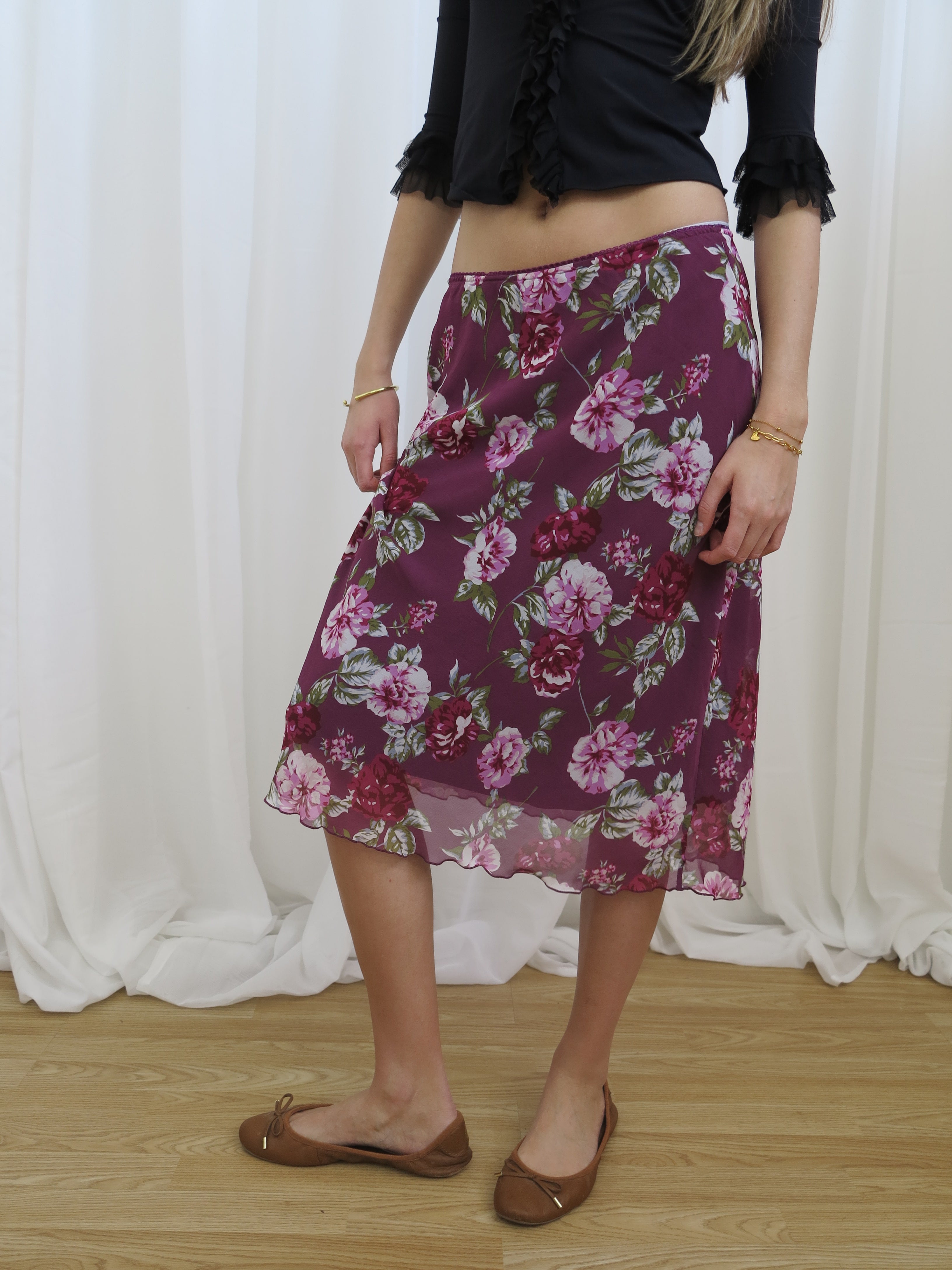 Vintage 00s Purple Floral Mesh Skirt - Size 10-14 - Funky Cat