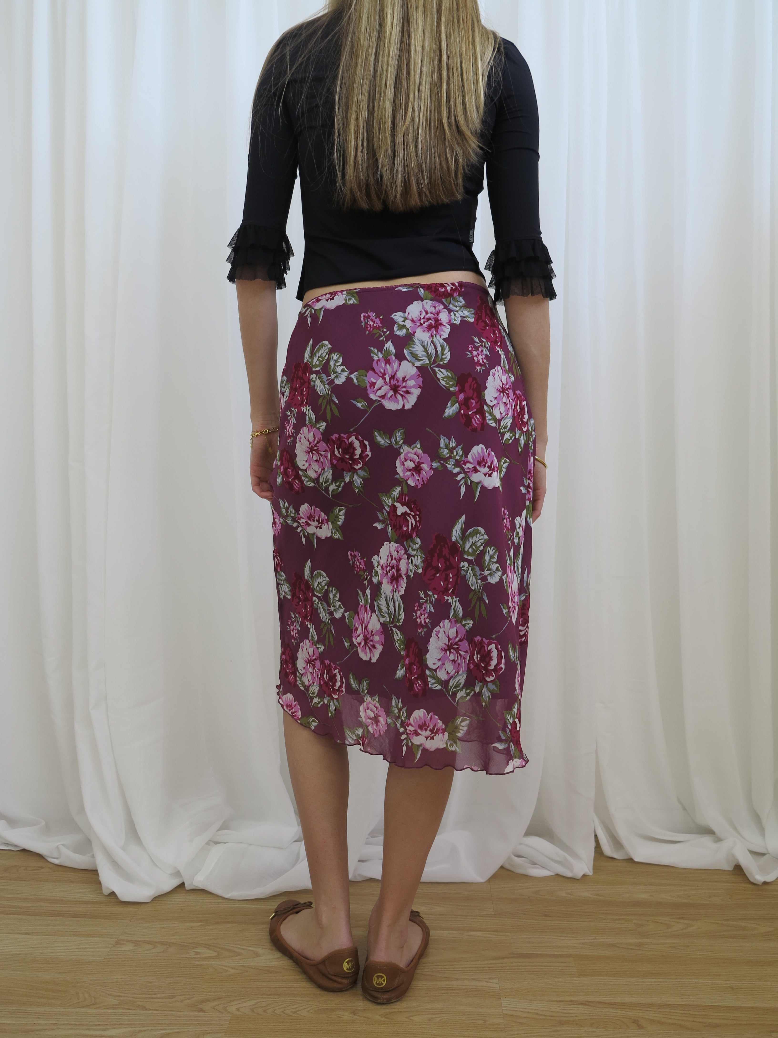 Vintage 00s Purple Floral Mesh Skirt - Size 10-14 - Funky Cat