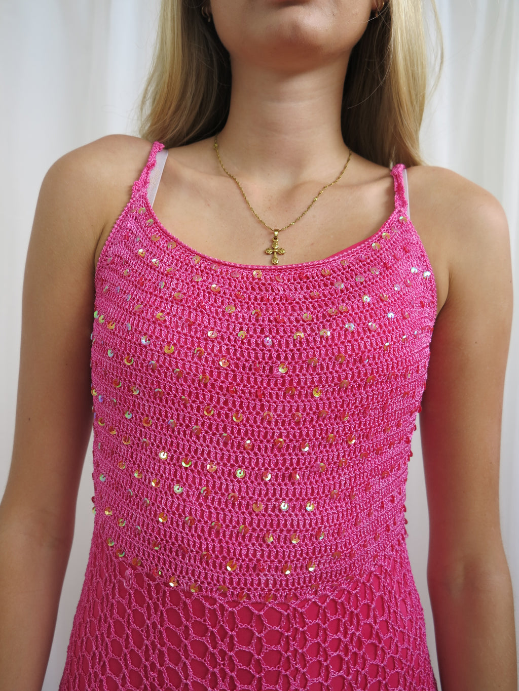 Vintage 00s Pink Sequin Crochet Dress - Size S - Funky Cat