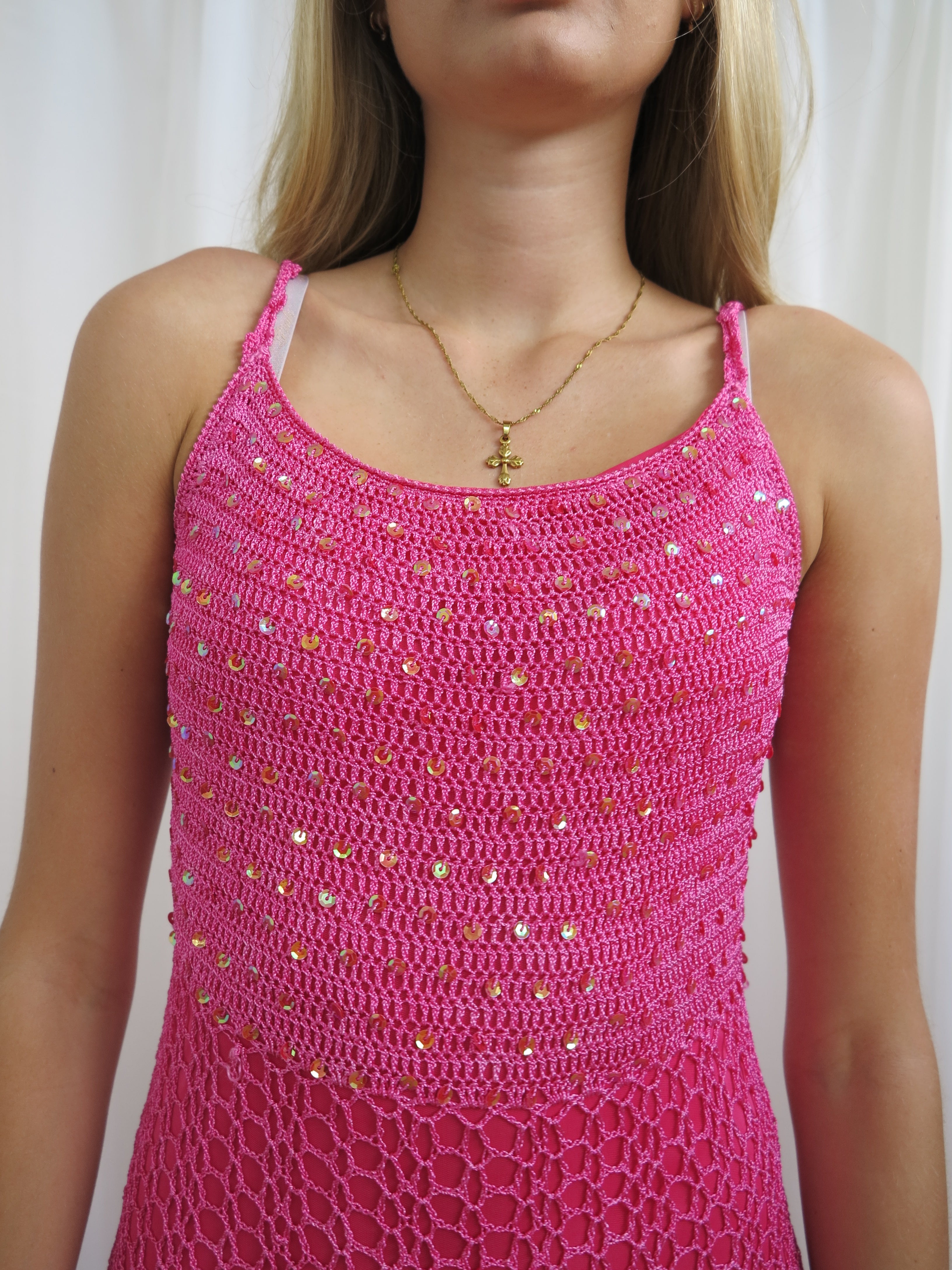 Vintage 00s Pink Sequin Crochet Dress - Size S - Funky Cat