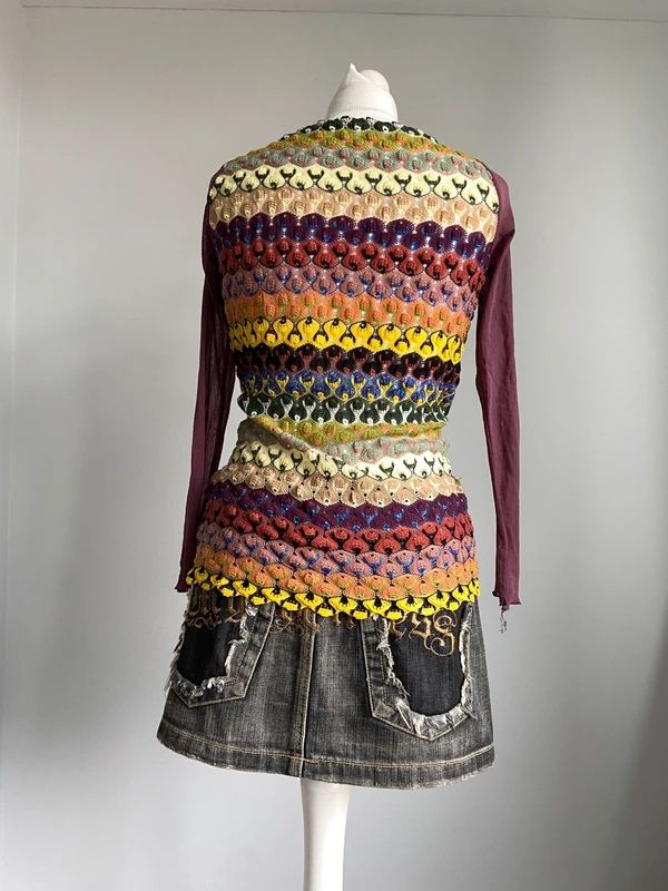Vintage 00s Multicoloured Crochet and Mesh Top - Size M - Funky Cat