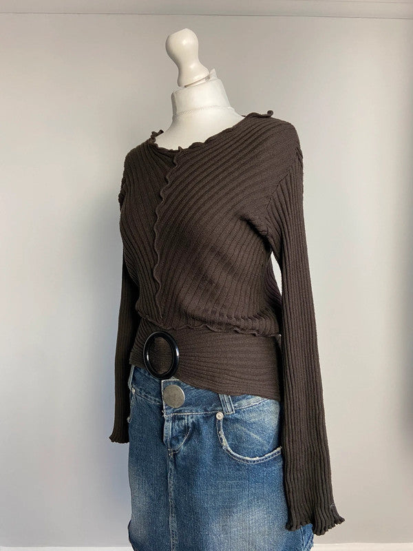 Vintage 00s Belted Ribbed Top - Size S/M - Funky Cat