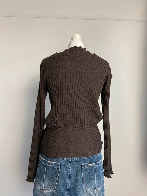 Vintage 00s Belted Ribbed Top - Size S/M - Funky Cat