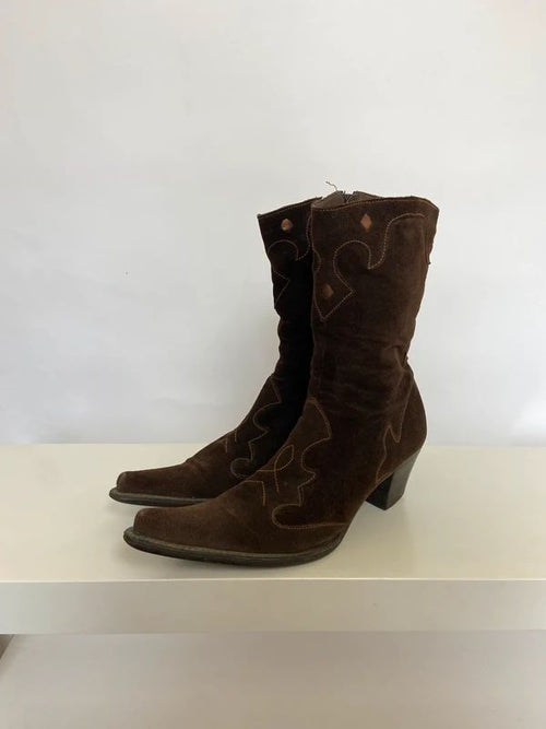 Vintage Boho Suede Cowboy Boots - Size UK 6