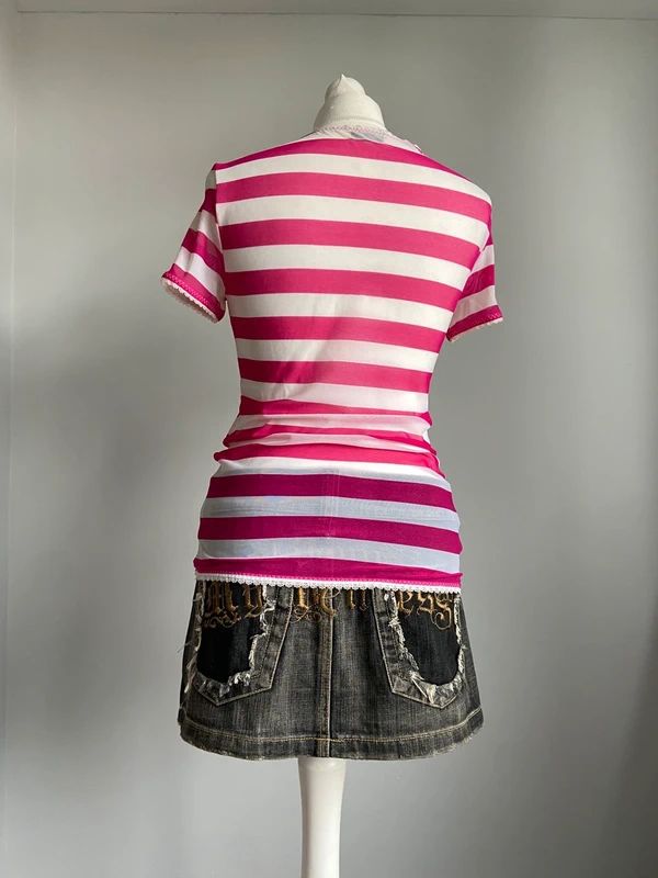 Vintage 00s Striped Baby Tee - Size L - Funky Cat