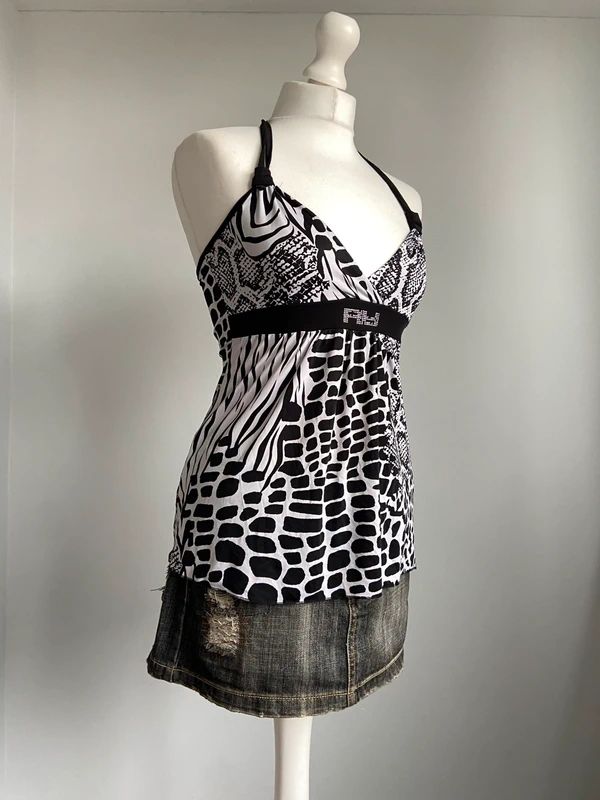 Vintage 00s Abstract Print Halterneck Top - Size S - Funky Cat
