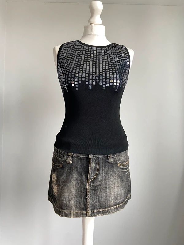 Vintage 00s Sequin Vest Top - Size S - Funky Cat