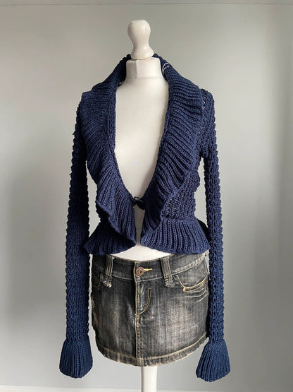 Vintage 00s Ruffled Knitted Cardigan - Size M - Funky Cat