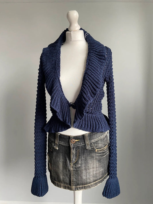 Vintage 00s Ruffled Knitted Cardigan - Size M - Funky Cat