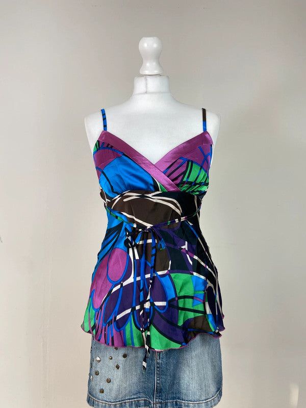 Vintage 90s Y2K Cami Top With Tie Waist - Size M - Funky Cat