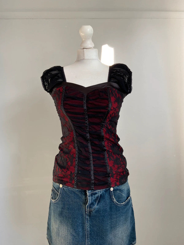 Vintage 00s Goth Lace Corset Top - Size S - Funky Cat