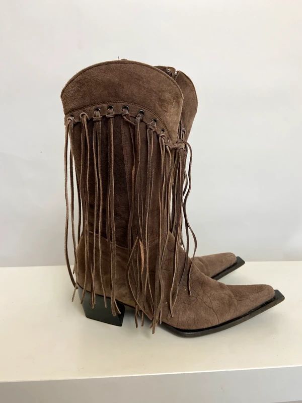Vintage Boho Hippie Suede Fringe Boots - Size UK 4