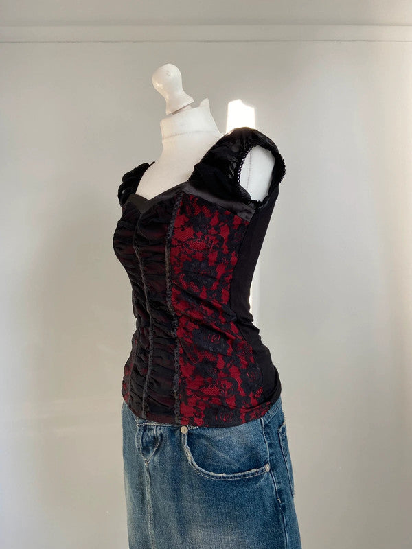 Vintage 00s Goth Lace Corset Top - Size S - Funky Cat
